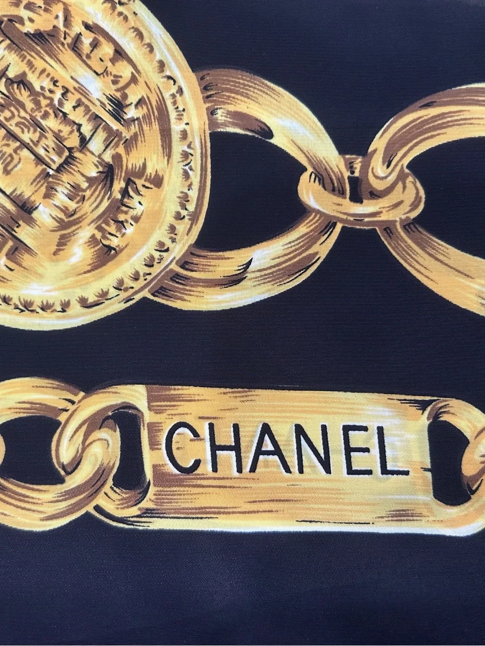 CHANEL Black and Gold Silk Scarf with Chain Motif